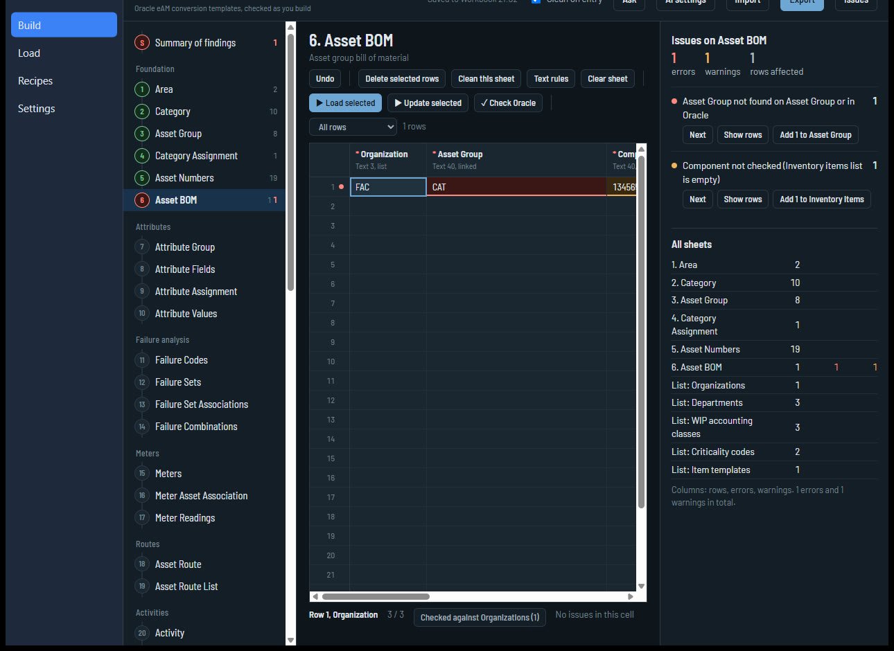 The eAM Load Builder: sheets in load order, with the Issues panel and its one-click fixes.